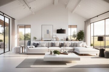 Fototapeta premium farmhouse interior home design of modern living room with white sofa and furniture with large window