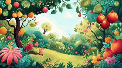  a painting of a lush green forest with lots of flowers and fruit on the trees and a cat sitting on the ground in the middle of the forest, with a blue sky in the background.