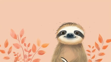 Obraz premium a painting of a slotty sitting on a branch with leaves and flowers in front of a pink background with a pink background and a pink background with a slotty slotty on it's face.