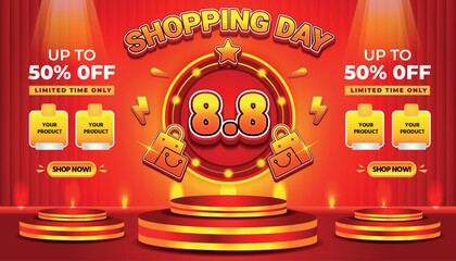 8 8 SALE SHOPPING DAY SUPER SALE EVENT 50 PERCENT OFF BACKGROUND SOCIAL MEDIA