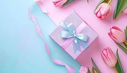 Women day background with copy space, 8 march poster with tulip flowers and gift boxes