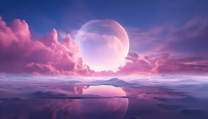 Fototapeta na wymiar fantasy background with glowing neon pink ring and white cloud over water with abstract seascape
