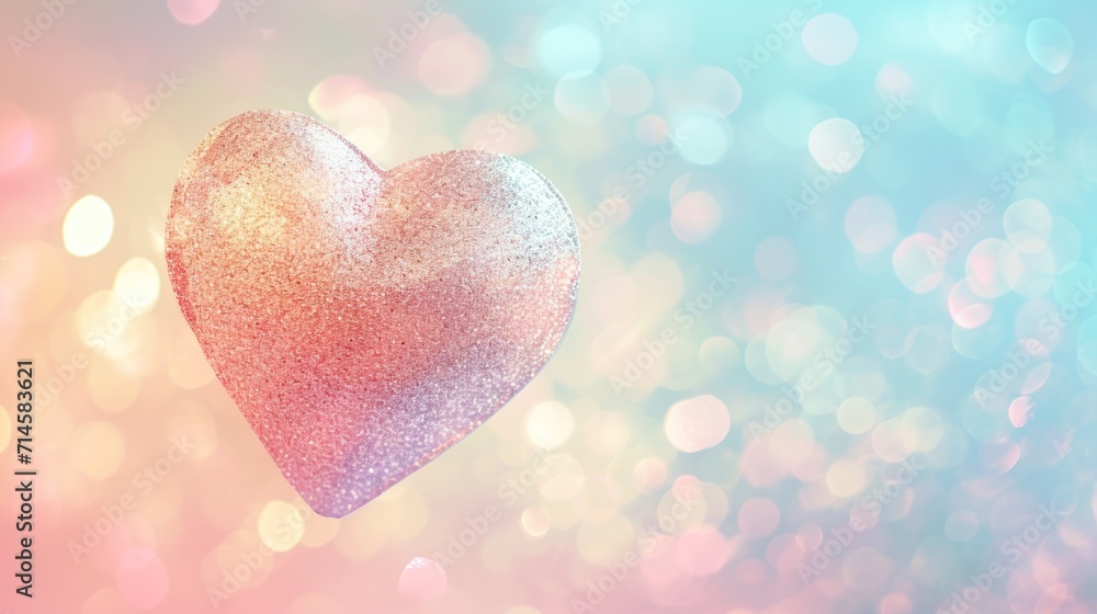 Poster a pink heart hanging from a string in front of a blue and pink background with boke of light and a b