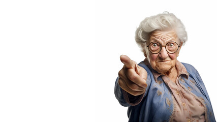 An Elderly Woman Pointing Her Finger Scolding Someone on a White Background With Copy Space - obrazy, fototapety, plakaty