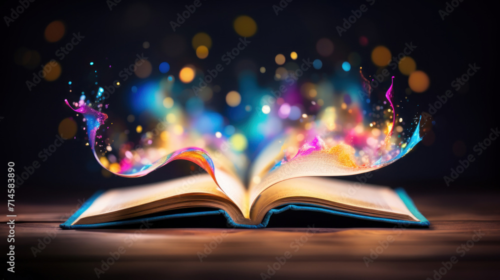 Poster an open book on a wooden table emitting a fantasy of colorful lights, creating a sense of magic and 