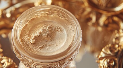  a close up of a bottle of liquid on a table with a gold plate in the background and a gold plate on the floor in the middle of the photo.