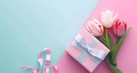 Women day background with copy space, 8 march poster with tulip flowers and gift boxes