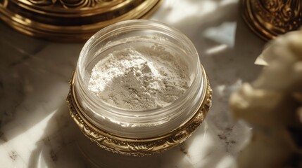  a jar filled with white powder sitting on top of a marble counter top next to a gold container with white powder on top of it and a white marble counter top.