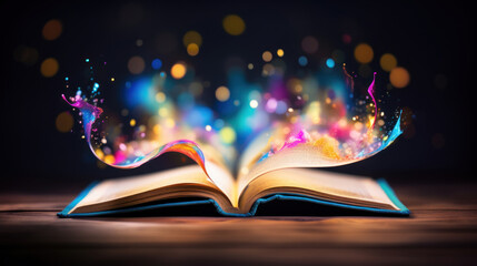 An open book on a wooden table emitting a fantasy of colorful lights, creating a sense of magic and wonder.