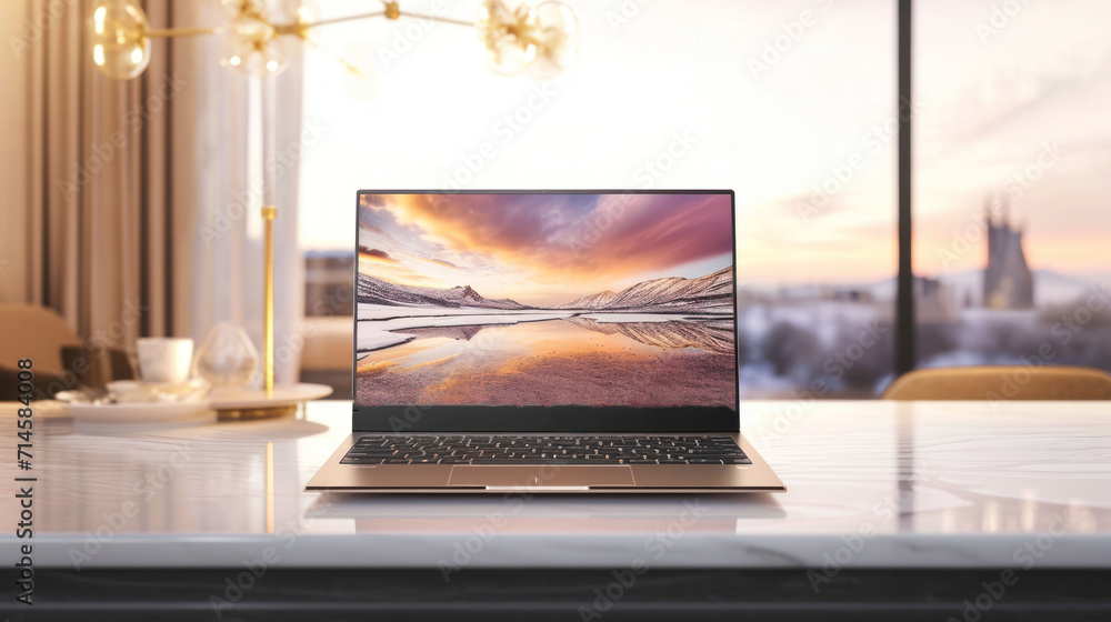 Poster a laptop sitting on a table in front of a large window with a view of the mountains outside of the w