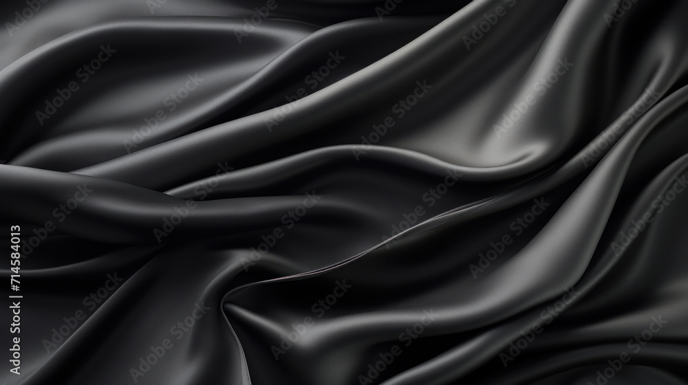 Poster close-up of black satin fabric with smooth, luxurious drapes creating an elegant textured background