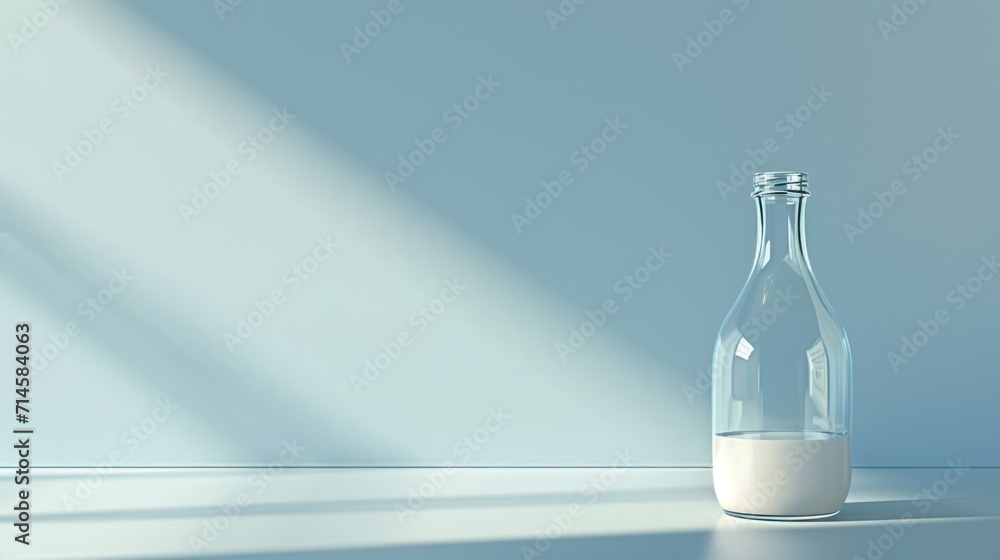 Poster a bottle of milk sitting on top of a table next to a glass container with a small amount of milk in 