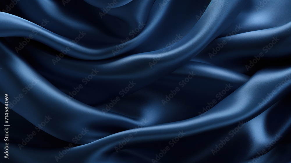 Poster deep blue satin fabric flowing gracefully, creating a dynamic and richly textured elegant background