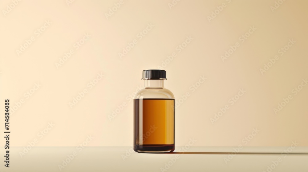 Poster a bottle of oil sitting on top of a table next to a bottle with a brown substance in it and a black 