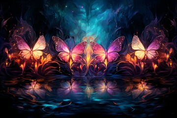 Luminescent soulfire butterflies, illuminating the darkness with their gentle glow - Generative AI