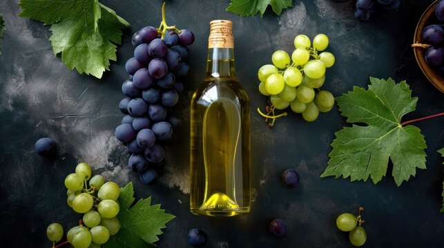  a bottle of wine next to a bunch of grapes and a bunch of green leaves on a black surface with a bowl of grapes and a bunch of green leaves.