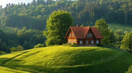  a house sitting on top of a lush green hillside in the middle of a forest filled with lush green trees and a lush green hillside covered with lots of trees.