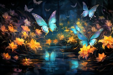 Luminescent soulfire butterflies, illuminating the darkness with their gentle glow - Generative AI