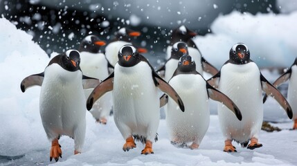 A group of penguins feasting on fish