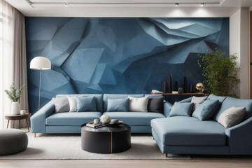 Interior home design of modern living room with blue sofa and round table with abstract granite wall mural