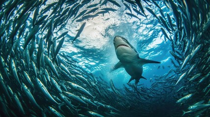 A school of fish being consumed by a shark