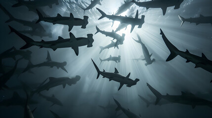 hammerhead sharks silhouette with rays of light underwater - obrazy, fototapety, plakaty