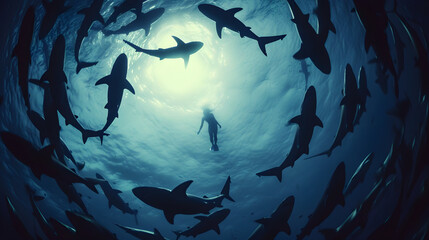 underwater silhouette shot of sharks circling swimmer - obrazy, fototapety, plakaty