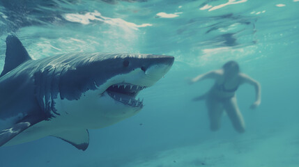 great white shark and swimmer