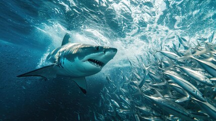 Fototapeta premium A school of fish being consumed by a shark