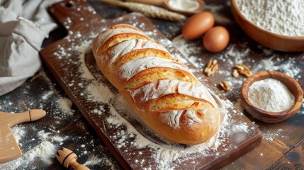  a loaf of bread sitting on top of a wooden cutting board next to a bowl of flour and two wooden spoons and a bowl of eggs on the side.