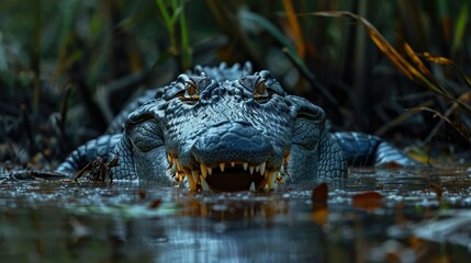 Obraz premium A crocodile devouring its prey in a murky swamp