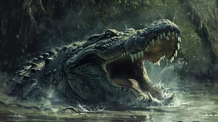Wandcirkels tuinposter A crocodile devouring its prey in a murky swamp © wahyu