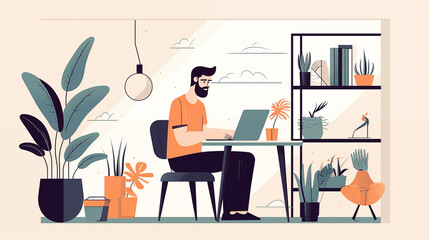 An inviting vector flat style illustration capturing a man's focused work or study session at a home desk, laptop open, papers neatly organized, and a desk lamp providing warm illumination