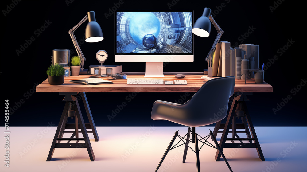 Poster a 3d visualization of a modern computer workplace, sleek desk with a powerful computer setup, multip