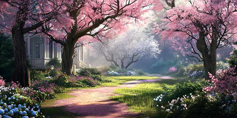 A Peaceful Garden with Blooming Cherry Blossoms and a Small Stone Pathway 