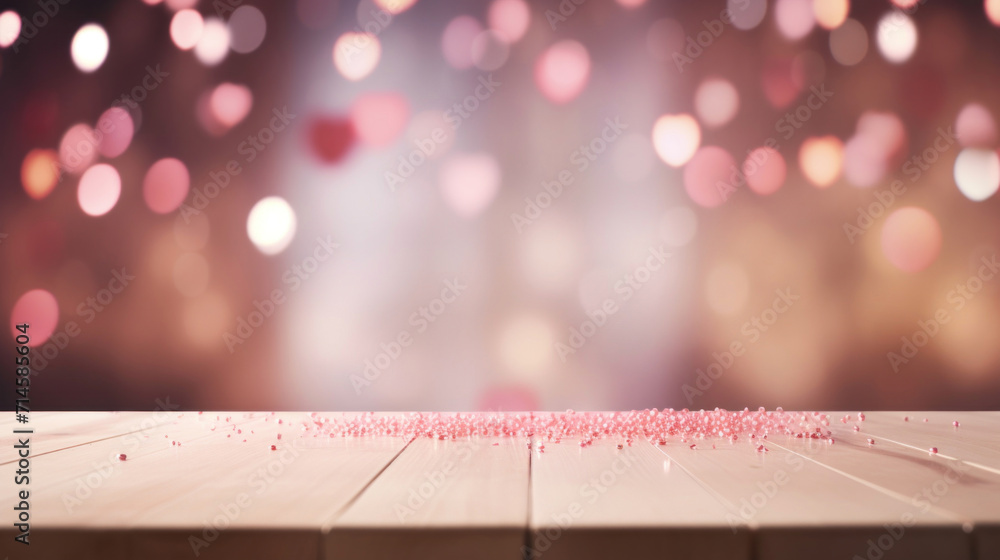 Poster valentines day background with heart bokeh and wooden table