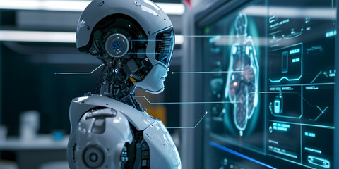 futuristic healthcare concept with humanoid diagnostic medical robot viewing charts on virtual screen