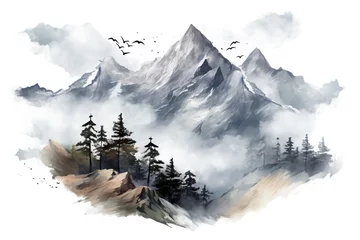 Gordijnen Background with mountains. Ink mountain landscape. Mountains in the fog. Trees on the mountain. Ink image. Pines everest mountain that is so beautiful in the transparent background Generative Ai © AbdullahAl