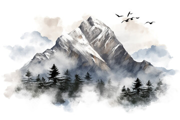 Background with mountains. Ink mountain landscape. Mountains in the fog. Trees on the mountain. Ink image. Pines everest mountain that is so beautiful in the transparent background Generative Ai - obrazy, fototapety, plakaty
