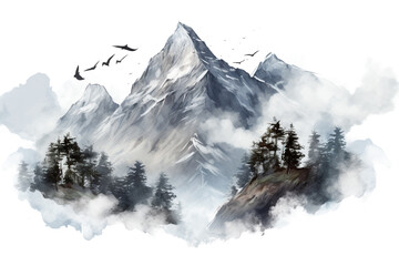 Background with mountains. Ink mountain landscape. Mountains in the fog. Trees on the mountain. Ink image. Pines everest mountain that is so beautiful in the transparent background Generative Ai