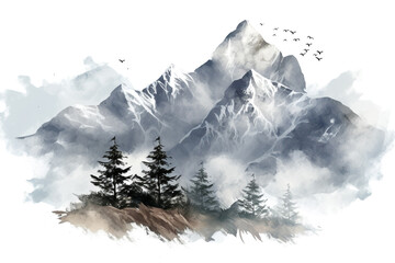 Background with mountains. Ink mountain landscape. Mountains in the fog. Trees on the mountain. Ink image. Pines everest mountain that is so beautiful in the transparent background Generative Ai - obrazy, fototapety, plakaty
