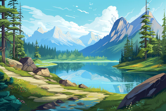 Beautiful landscape. Small river. Mountains on the horizon. Green meadow. Forest. Clear sky. Bright warm colors. The beauty of the nature. Landscape work of art.  transparent background Generative Ai