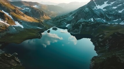 Obraz premium an aerial view of a mountain lake with snow on the mountains in the foreground and a blue body of water in the middle of the lake in the foreground.