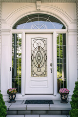 White front door with glass insert, sidelights and semicircular transom - obrazy, fototapety, plakaty