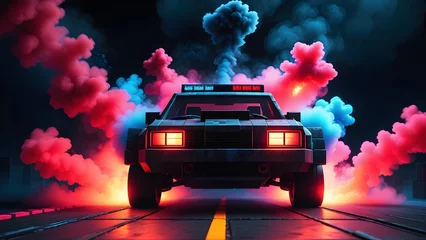 Drifting blocky Police car on dark black background with red smoke. Generative AI.