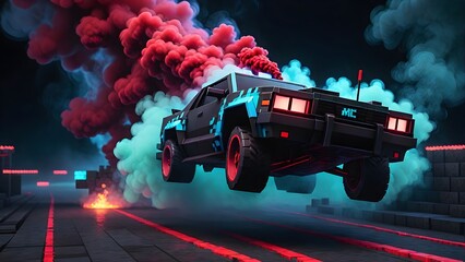Drifting Minecraft Police car on dark black background with red smoke. Minecraft world. Generative AI. - obrazy, fototapety, plakaty
