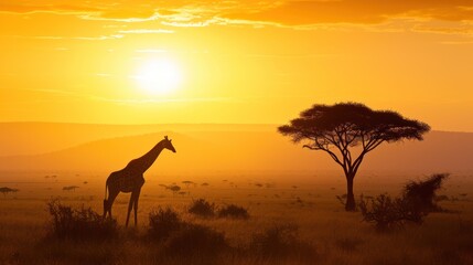 Fototapeta na wymiar a giraffe standing in the middle of a field with the sun setting in the background and a tree in the foreground with a few clouds in the foreground.