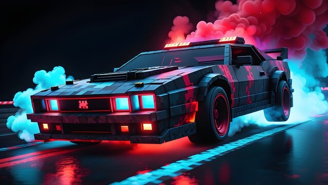 Drifting Minecraft Police car on dark black background with red smoke. Minecraft world. Generative AI.