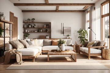 Fototapeta premium Farmhouse interior home design of modern living room with wooden table sofa and rustic wooden furniture near the window