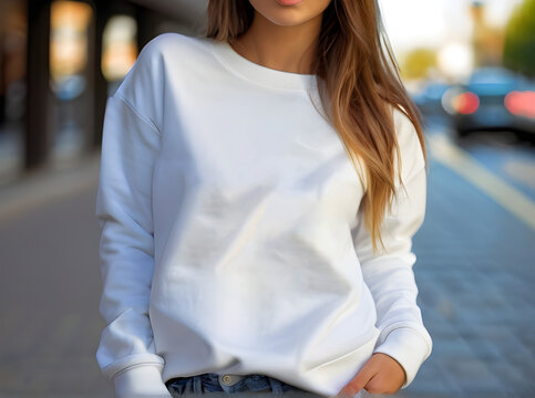Young Model Shirt Mockup, Girl wearing white Sweatshirt on street in daylight, Shirt Mockup Template on hipster adult for design print, Female wearing casual Sweatshirt mockup placement. Generative AI